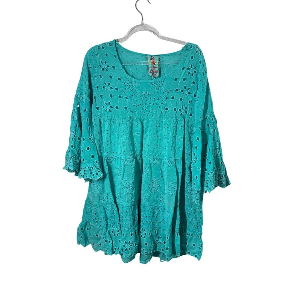 Johnny Was Eyelet Bell Sleeve Blue Boho Top Blouse Artsy Hippie XS